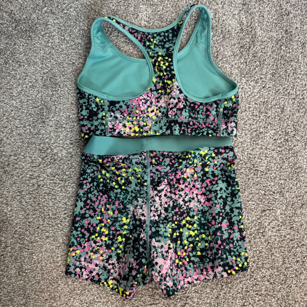 Athletic Gym Nike Pro Workout Set Size Small Teal Pink Splatter - Picture 2 of 4